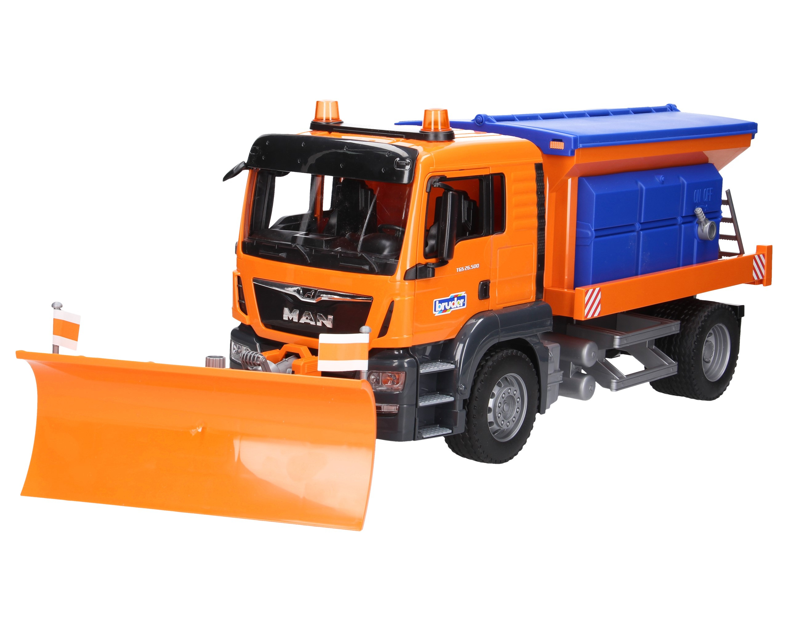 MAN pługosolarka BRUDER – widok z przodu z opuszczonym pługiem