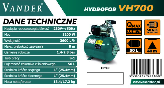Pompa hydroforowa do wody VH700 1200 W 50 l – wydajny hydrofor