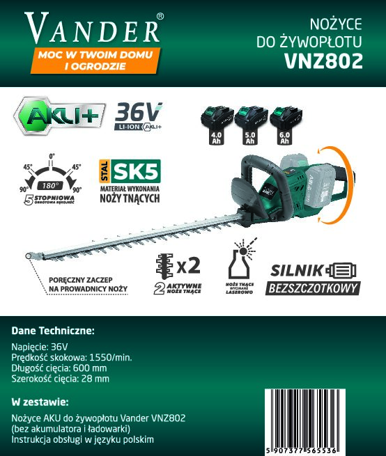 Nożyce do żywopłotu akumulatorowe Vander VNZ802 36V 60 cm