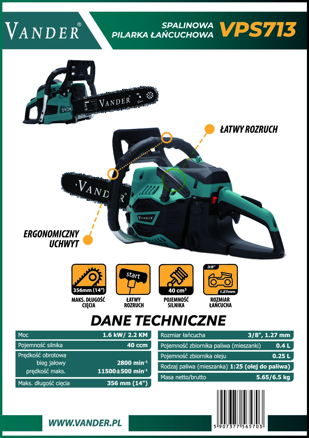 Piła łańcuchowa spalinowa VPS 713 – 2,2 KM | Pilarka 40 cm³ 14″