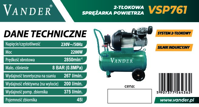 Sprężarka powietrza VSP761 3 HP 45 l – kompresor olejowy 8 bar